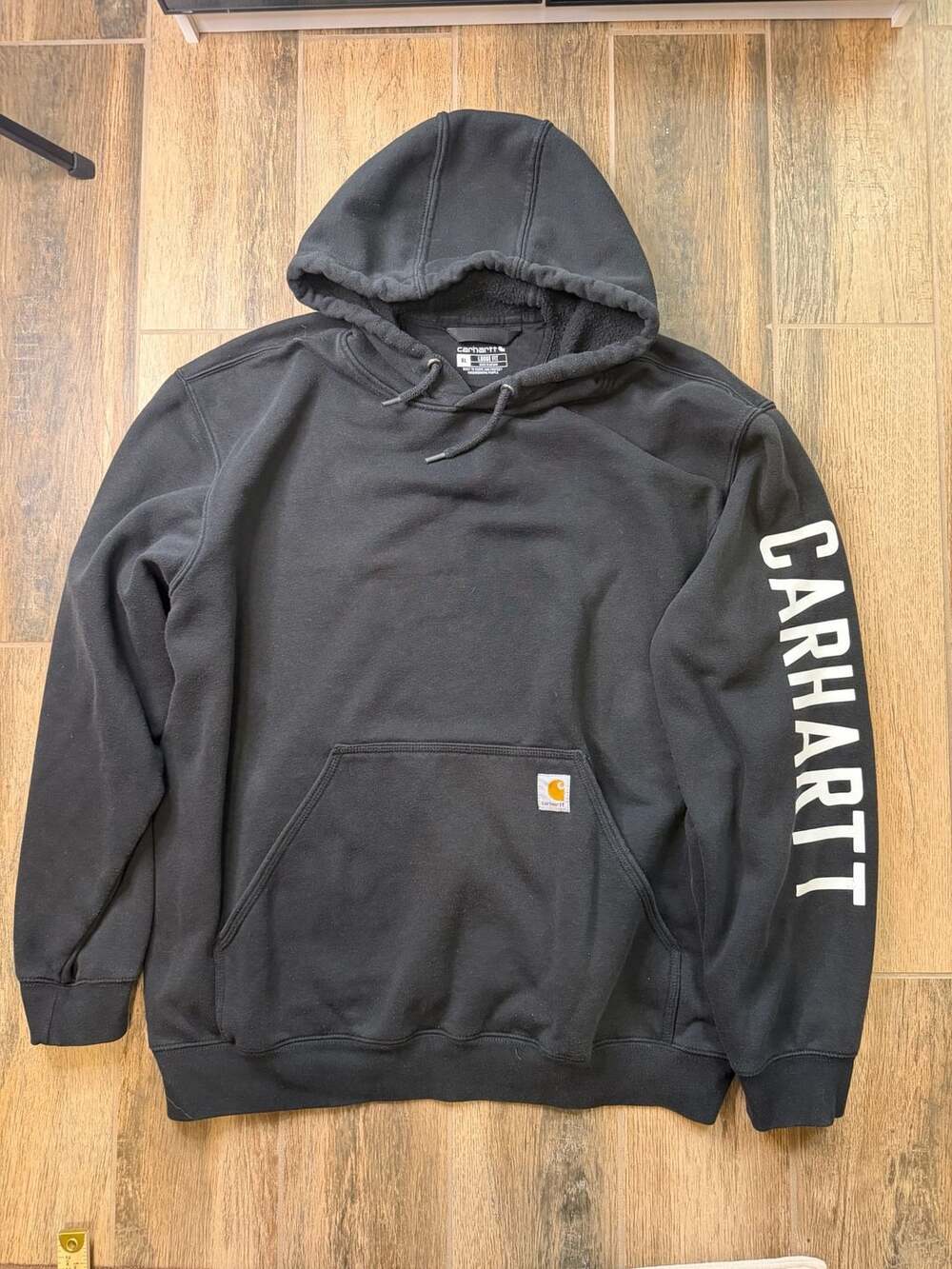 Carhartt Black Hoodie Spell out Logo Sleeve Size XL Black Pullover Sweatshirt